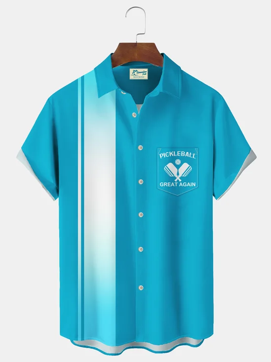 Royaura® Vintage Bowling Pickleball Sports Print Men's Chest Pocket Stretch Shirt Big Tall