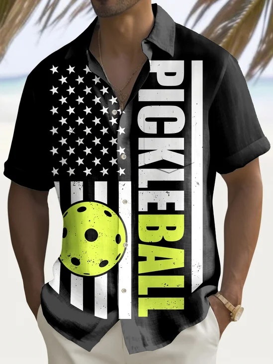 Royaura® Vintage Flag Pickleball Sports Print Men's Chest Pocket Stretch Shirt Big Tall