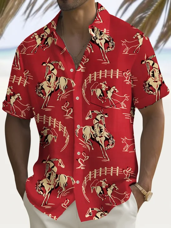 Royaura® Vintage Horse Print Men's Chest Pocket Stretch Shirt Big Tall