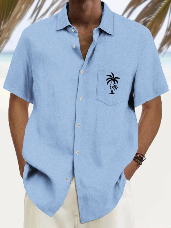 Royaura® Basic Men's Coconut Tree Print Chest Pocket Stretch Shirt Big Tall