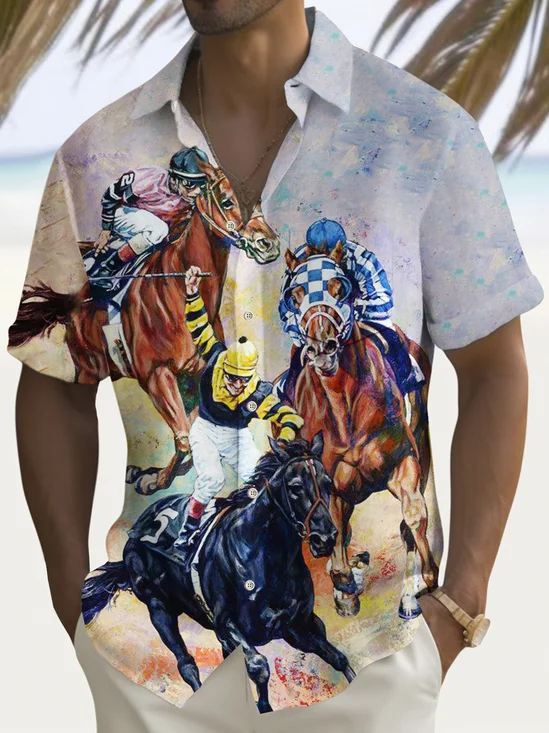 Royaura® Vintage Horse Racing Print Men's Chest Pocket Stretch Shirt Big Tall