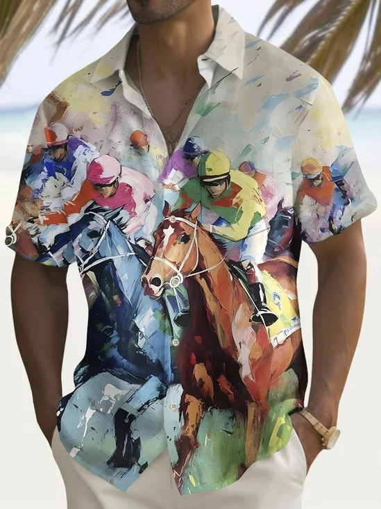 Royaura® Vintage Horse Racing Print Men's Chest Pocket Stretch Shirt Big Tall
