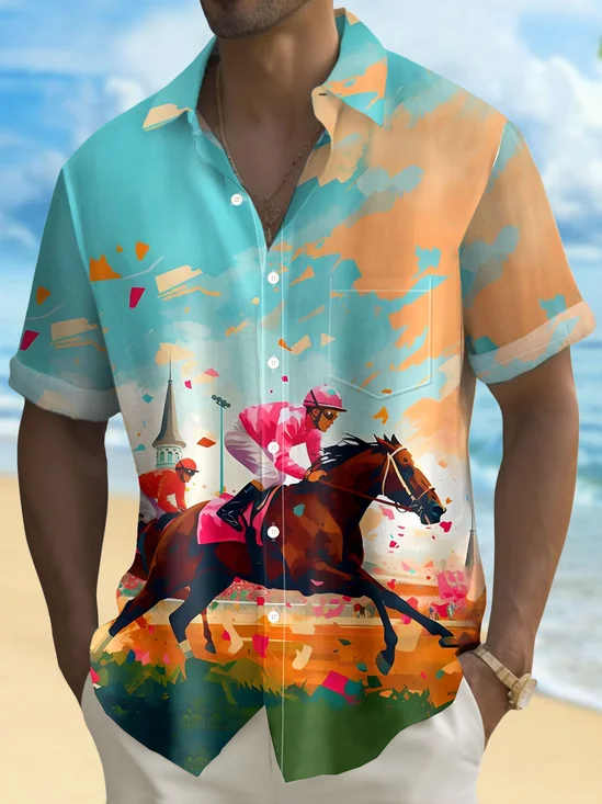 Royaura® Hawaiian Horse Racing Gradient 3D Digital Print Men's Button Pocket Short Sleeve Shirt Big & Tall