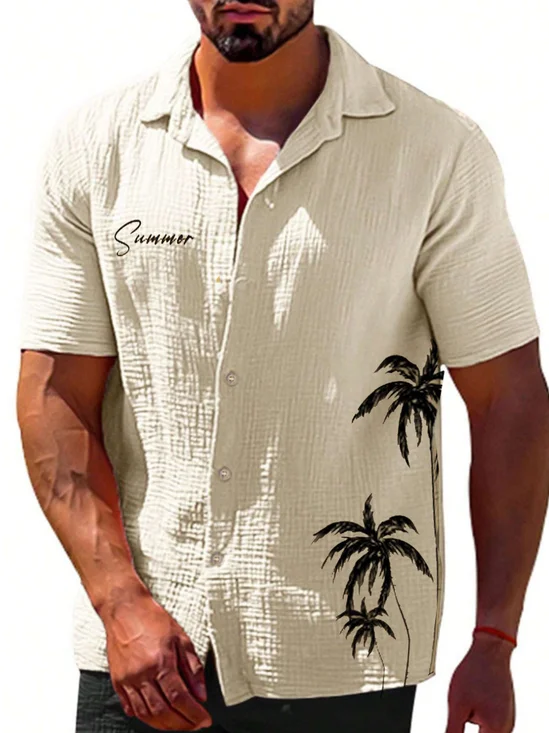 Royaura® Hawaiian Coconut Tree Seersucker 3D Digital Print Men's Button Pocket Short Sleeve Shirt Big & Tall