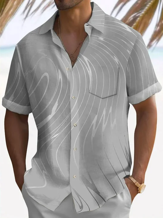 Royaura® Retro Geometric Texture 3D Digital Print Men's Button Pocket Short Sleeve Shirt Big & Tall
