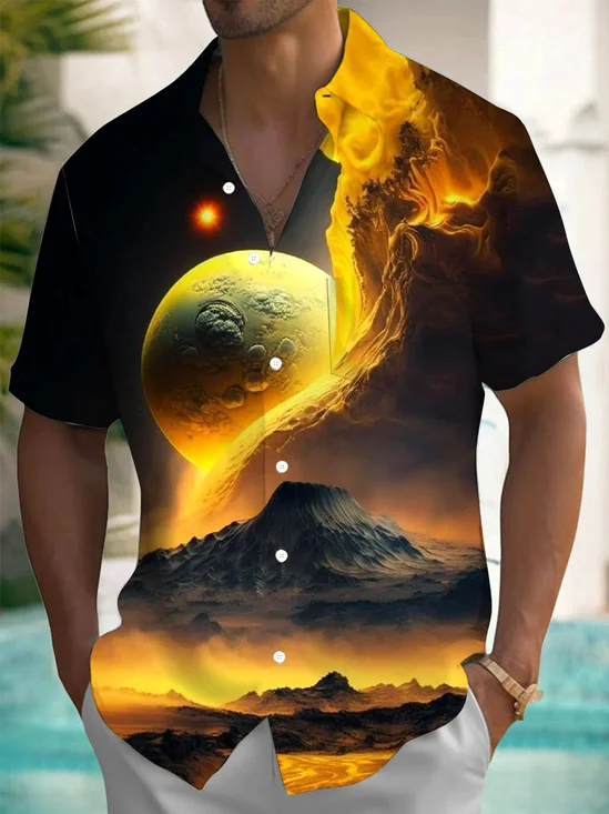 Royaura® Retro Planet Gradient 3D Digital Print Men's Button Pocket Short Sleeve Shirt Big & Tall