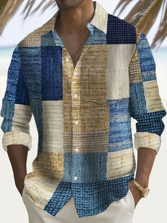 Royaura® Retro Geometric Texture Color Block Carpet Graphic 3D Digital Print Men's Button Pocket Long Sleeve Shirt Big & Tall