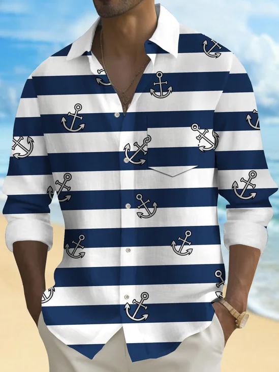 Royaura® Basic Men's Striped Anchor Print Chest Pocket Stretch Long Sleeve Shirt Big Tall