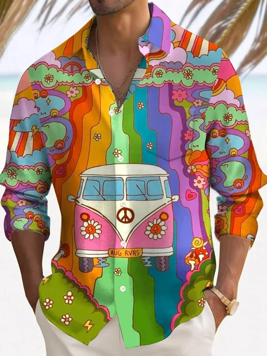 Royaura® Retro Hippie Car 3D Digital Print Men's Button Pocket Long Sleeve Shirt Big & Tall