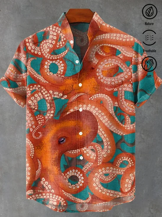 Royaura® Retro Octopus Cotton Linen Stand Collar 3D Digital Print Men's Button Pocket Shirt Big & Tall