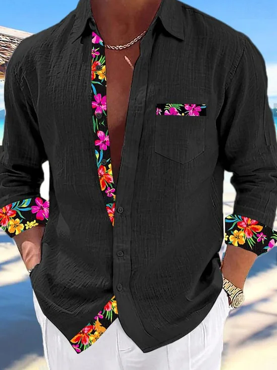 Royaura® Hawaiian Flower Partial 3D Digital Print Men's Button Pocket Long Sleeve Shirt Big & Tall