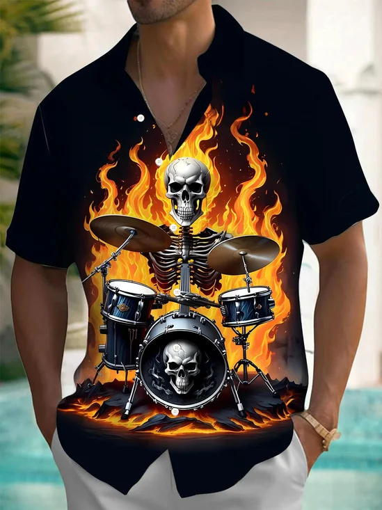 Royaura® Retro Music Rock Halloween 3D Digital Print Men's Button Pocket Short Sleeve Shirt Big & Tall