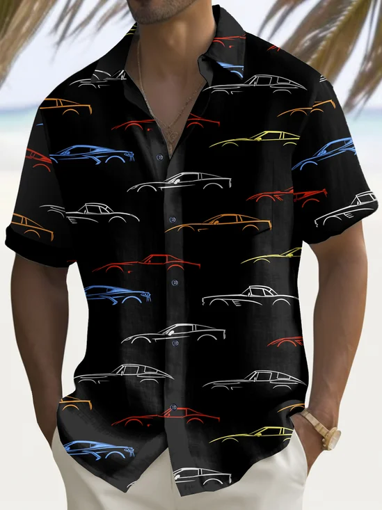 Royaura® Vintage Car Print Men's Chest Pocket Stretch Shirt Big Tall