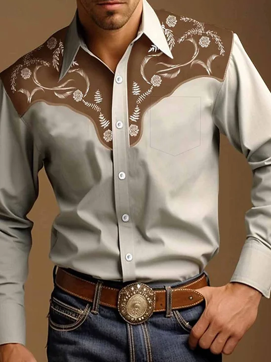 Royaura® Retro Western Denim 3D Digital Print Men's Button Pocket Long Sleeve Shirt Big & Tall