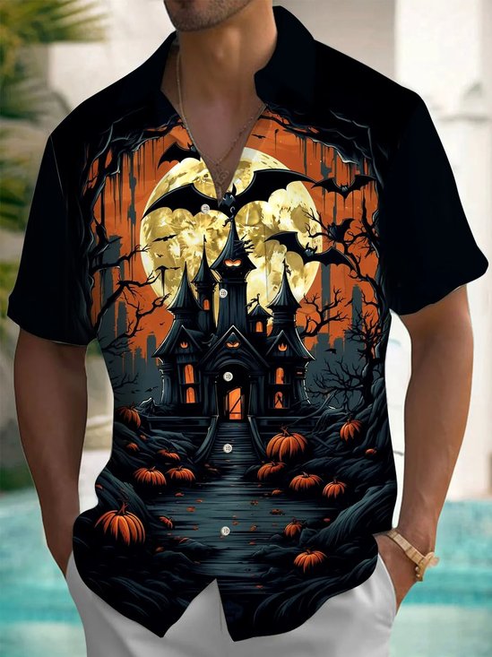 Royaura® Halloween Castle Bat 3D Digital Print Men's Button Pocket Short Sleeve Shirt Big & Tall