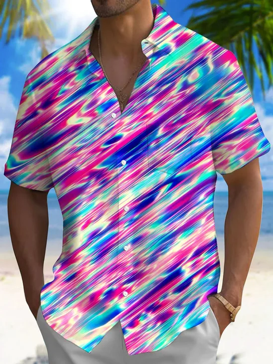 Royaura® Hawaiian Gradient Stripes 3D Digital Print Men's Button Pocket Short Sleeve Shirt Big & Tall