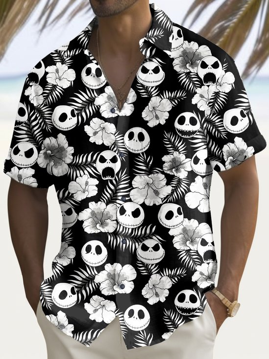 Royaura® Halloween Skull Floral Print Men's Chest Pocket Stretch Shirt Big Tall