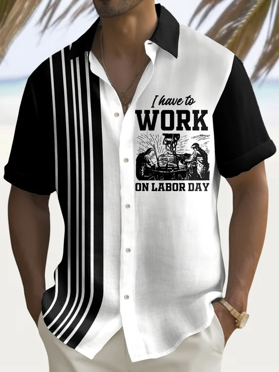 Royaura® Vintage Bowling Labor Day Print Men's Chest Pocket Stretch Shirt Big Tall