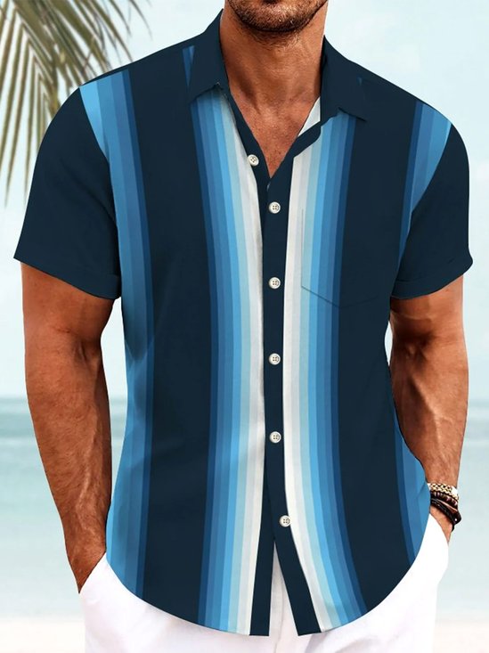 Royaura® Retro Striped Gradient Bowling 3D Digital Print Men's Button Pocket Short Sleeve Shirt Big & Tall