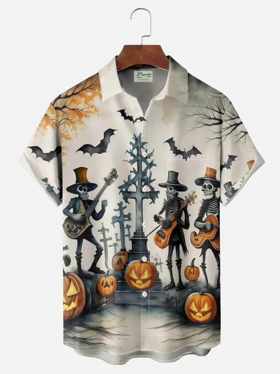 Royaura® Retro Halloween Skull Pumpkin 3D Digital Print Men's Button Pocket Short Sleeve Shirt Big & Tall