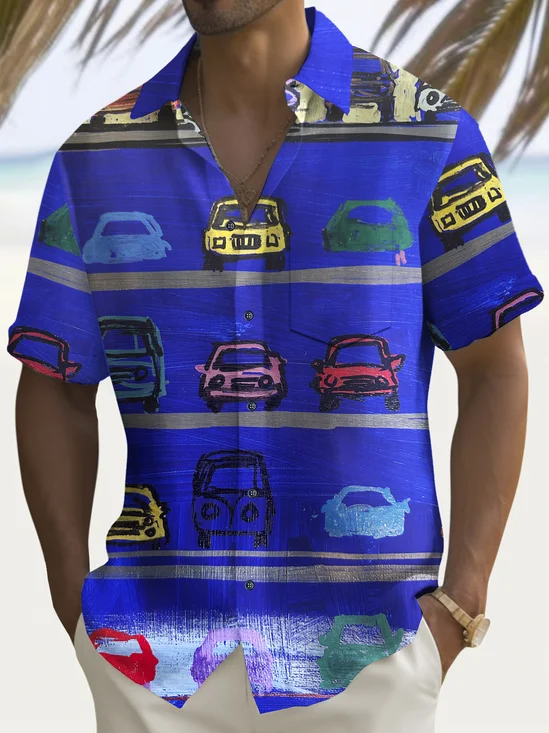 Royaura® Vintage Parking Lot Car Print Men's Chest Pocket Stretch Shirt Big Tall