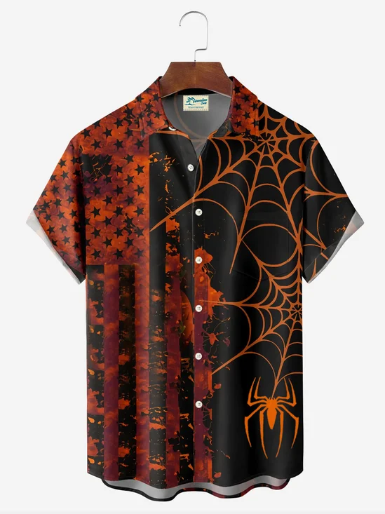 Royaura® Retro Halloween Spider 3D Digital Print Men's Button Pocket Short Sleeve Shirt Big & Tall