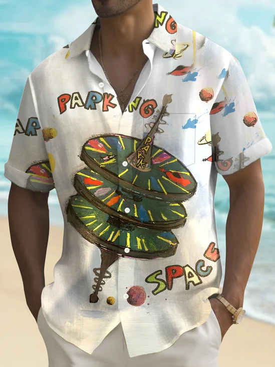 Royaura® Vintage Parking Lot 3D Digital Print Men's Button Pocket Short Sleeve Shirt Big & Tall