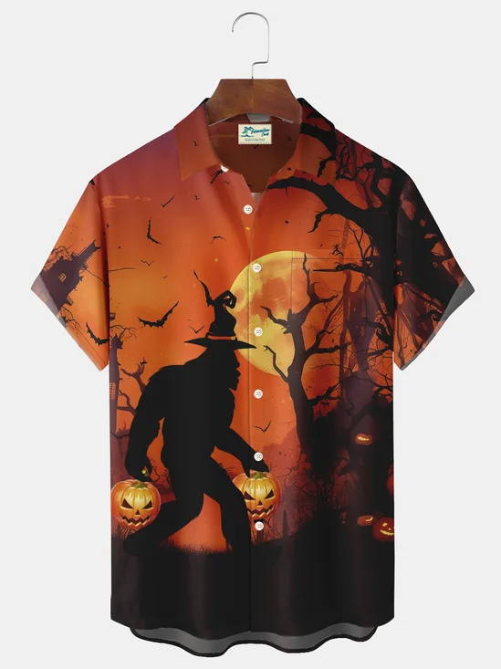 Royaura® Retro Pumpkin Orangutan 3D Digital Print Men's Button Pocket Short Sleeve Shirt Big & Tall