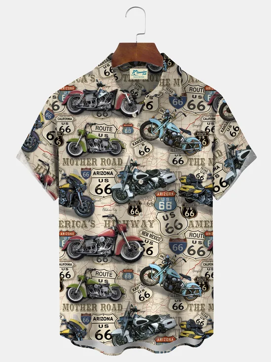 Royaura® Vintage Route 66 Motorcycle Print Chest Pocket Stretch Shirt Big Tall