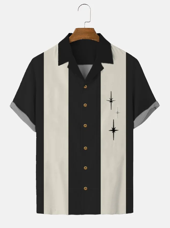 Men‘s Black Cotton-Blend 50S Vintage Bowling Shirts | royaura