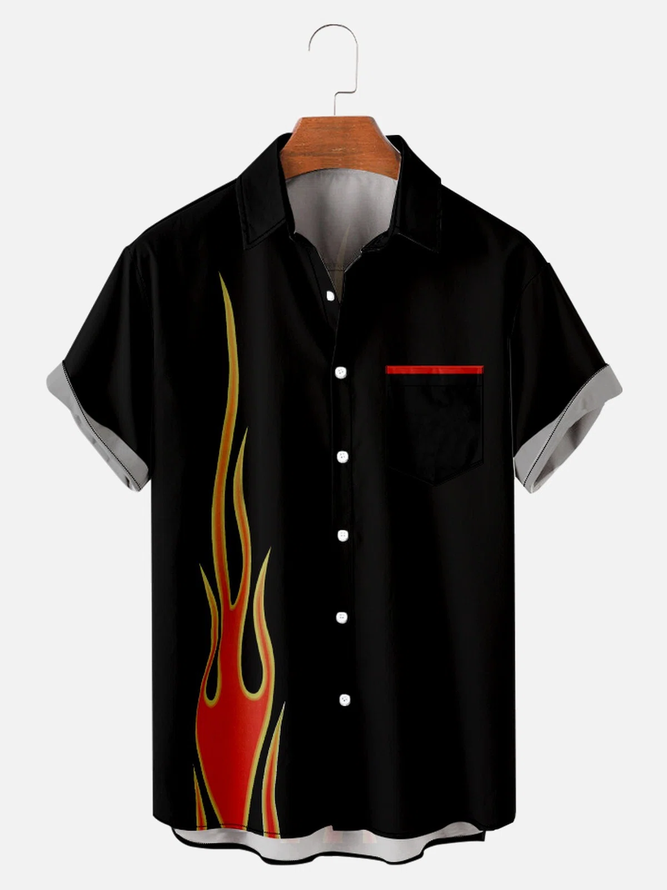 Men's Vintage Flame Bowling Button Casual Short Sleeve Shirt | royaura