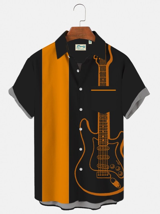 Men's Black Vintage Hawaiian Shirts Vintage Bowling Electric Guitar ...