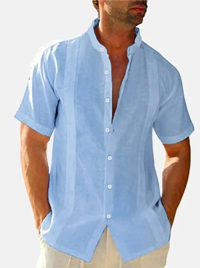 Royaura Men's Basic Casual Cotton Linen Breathable Stand Collar Short ...