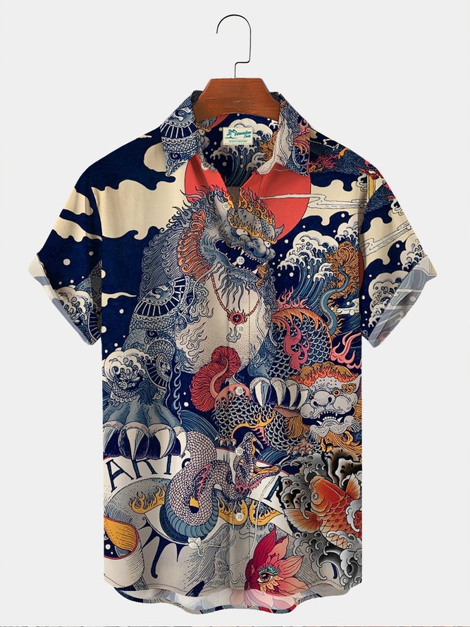 Royaura Men's Vintage Casual Shirts Ukiyo-e Art Wrinkle Free Seersucker ...