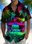 Royaura® Hawaii Coconut Tree Sunset Landscape 3D Print Men's Button Pocket Short Sleeve Shirt